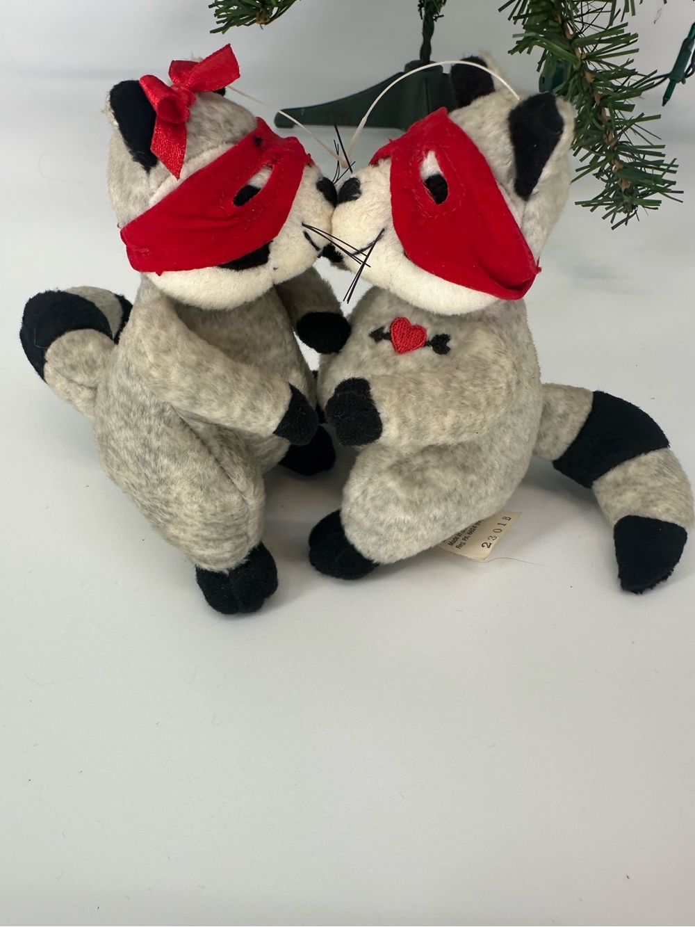 Pair of Plush Raccoon Kissing Ornaments with Red Masks Hallmark Vintage